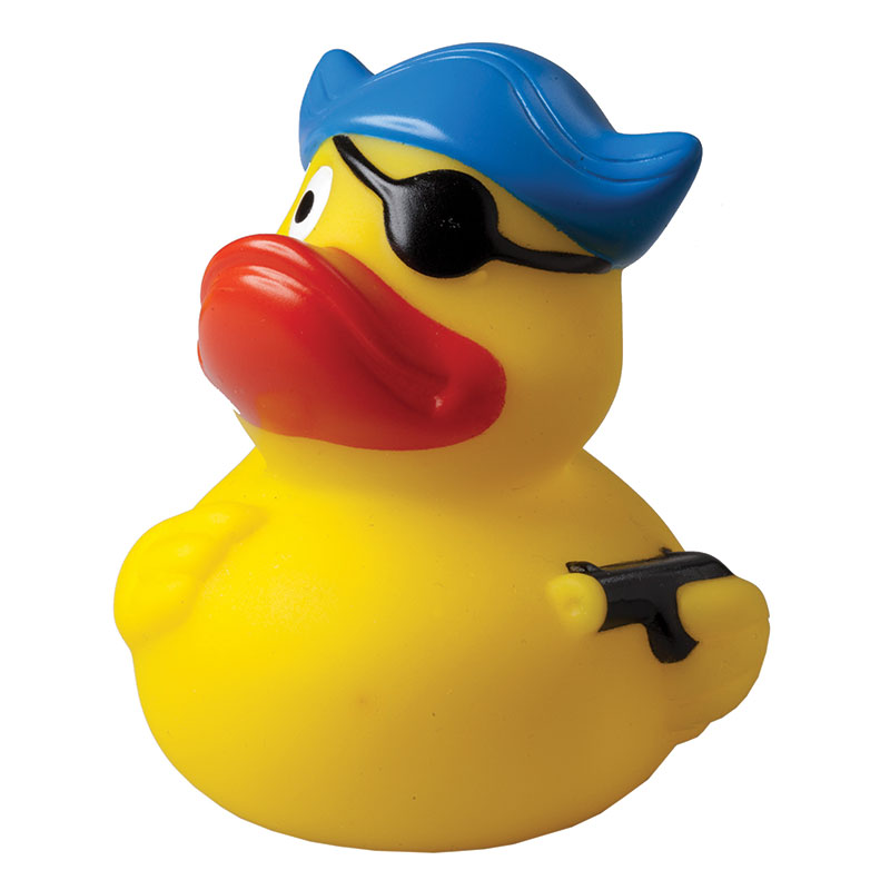 Pirate with hat and eye patch squeaking duck