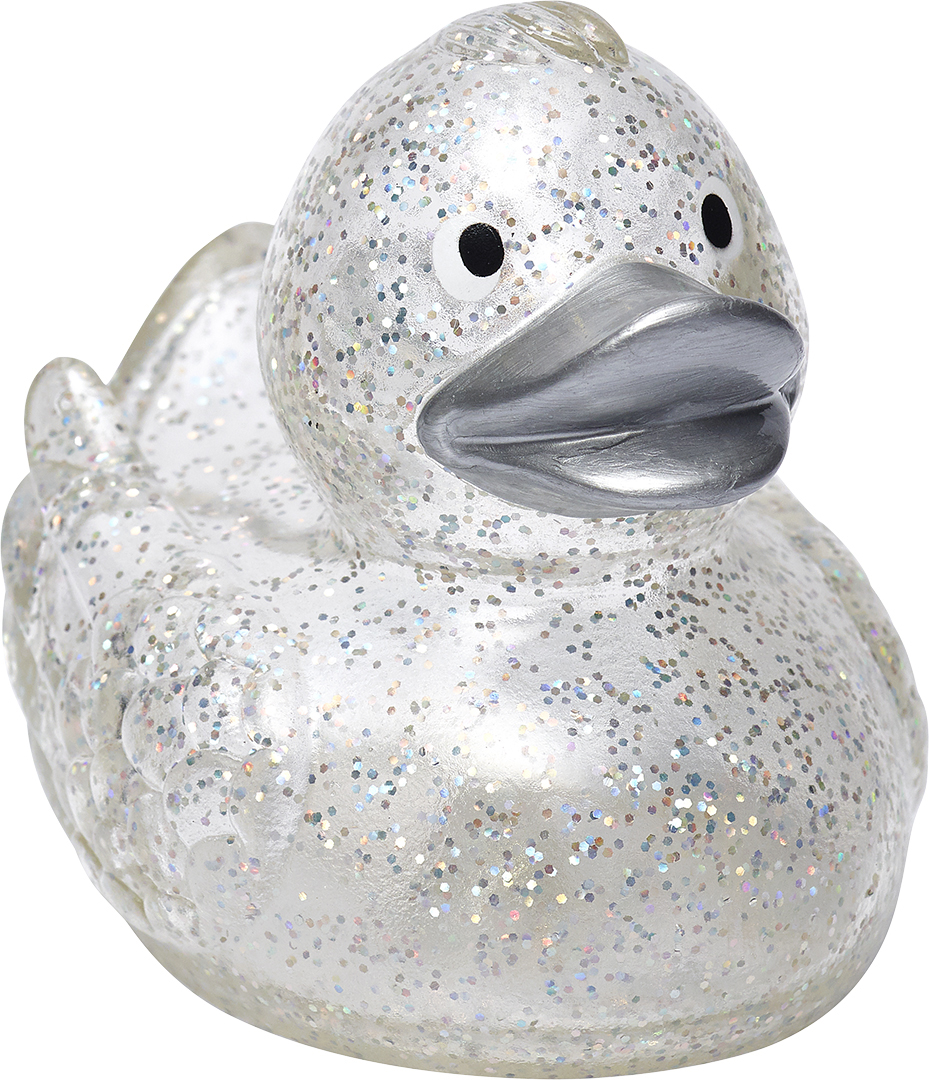 squeaky duck, silver glitter